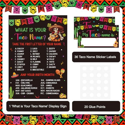 COCHIE Taco Game for Party Family Adults Office Large Groups, What is Your Taco Name Game Mexican Fiesta Party Decorations with 36 Name Label Stickers - 36 Players (Taco-Games)
