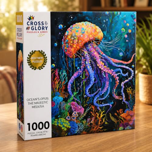 Cross & Glory | 1000 Piece Jigsaw Puzzles for Adults | Ocean’s Opus | The Majestic Medusa | Jellyfish Puzzle | Satin Finish Ocean Puzzle | Ages 14+ - color: Ocean's Opus the Majestic Medusa