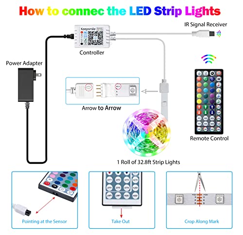 Tenmiro 32.8ft Led Strip Lights, RGB LED Smart Music Sync Color Changing LED Lights Strips with Remote Led Lights for Bedroom, Kitchen, Home, TV, Parties and Fstivals - size: 32.8FT