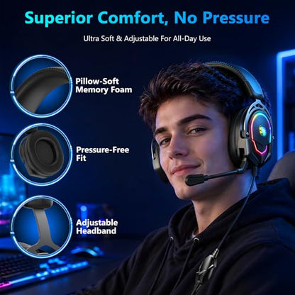 K98 Wired RGB Gaming Headset with Mic, Over Ear Gaming Headphones, 50mm Neodymium Drivers, Noise Isolating Microphone, Memory Foam Cushions, Aluminum Alloy Frame for PC, PS5, PS4, Xbox, Switch - color: Black/Gray RGB