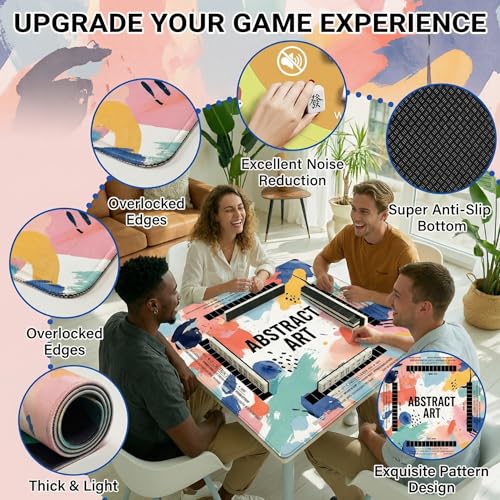 Mahjong Mat 2025 Upgraded No-Crease & No Odor Design, 32.3 Inch with Waterproof Velvet, Non-Slip PU Silicone, Lightweight for Noise Reduction, Includes Printed Rules for Tiles and Cards (Art) - color: Art