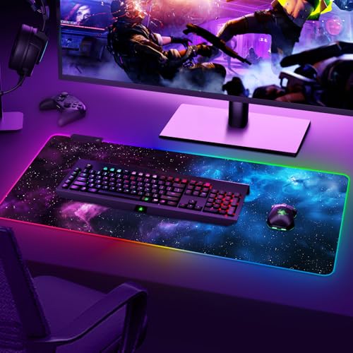 RGB Mouse Pad Led,XXL Large Mouse Pad Purple Blue Starry Nebula, Big Mouse mat Computer Mousepad with 14 Light Modes, 35.4 x15.7 Inch Keyboard Mat - color: Purple Blue Starry Nebula
