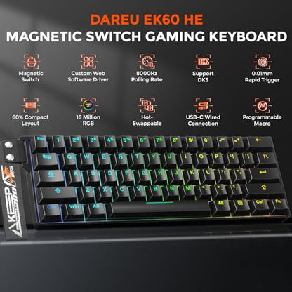 DAREU EK60 HE Rapid Trigger Gaming Keyboard Wired, 0.01mm RT Accuracy Adjustable, Hall Effect Magnetic Switch Hot Swappable, SOCD, 8000Hz Polling, RGB Backlit, 60% Compact Design for Laptop/PC - color: Black