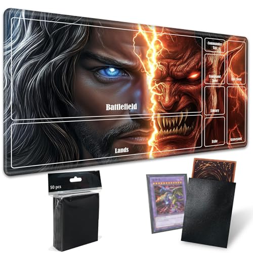 MTG Playmat with Zones, TCG Card Game Play Mat with Stitched Edges, Non-Slip Rubber Base Gaming Desk Mat, Smooth Surface 24 x 14 Inch, Jesus and the Devil - color: Jesus and the Devil, size: Zone 1