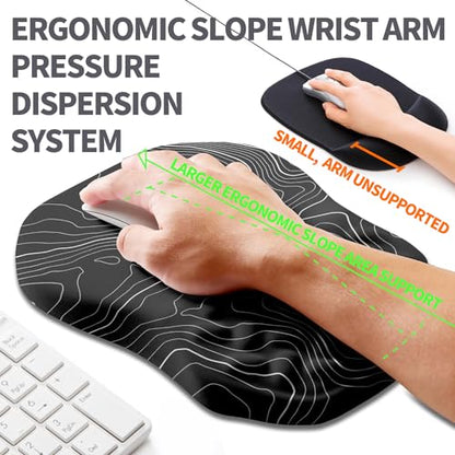 Ergonomic Slope Mouse Pad Wrist Support, Wrist Rest Mousepad for Carpal Tunnel Pain Relief with Massage Bulge and Slow Rebound Memory Foam (12x8 inch, Black Contour Lines) - color: Am016-black Contour Lines