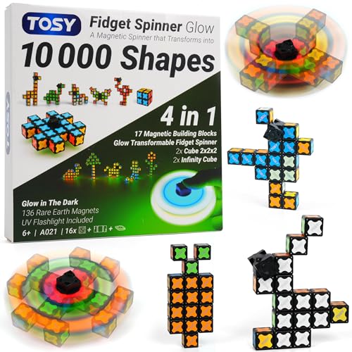 TOSY Magnet Fidget Spinner Glow - 16 Blocks, 3 in 1 Toy: Transformable Fidget Spinner, Infinity Cube, 2x2 Puzzle Cube, Glow, Stress Relief, STEM Magnet Tiles Birthday Gift for Kids/Boys/Girls/Adults - color: Glow a