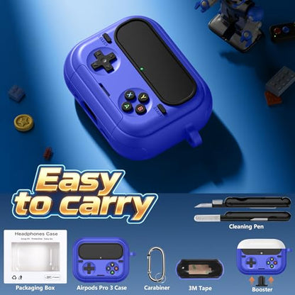 Getino Retro Game Case for AirPods Pro 3 | Game Console Design Protective Cover with Foldable Stand, Secure Lock Anti-Drop Shockproof PC+TPU Case, Keychain & Cleaning Kit for Men & Boys, Blue - color: Blue