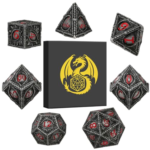 Metal Dice Set, Dragon Eye Theme, 7pcs Polyhedral Metal DND Dice Set, DND Starter Set, D&D Gifts with Gift Box, Role Playing Board Games Accessories, Red Black Silver - color: Red Black Silver With Gift Box