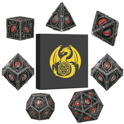 Metal Dice Set, Dragon Eye Theme, 7pcs Polyhedral Metal DND Dice Set, DND Starter Set, D&D Gifts with Gift Box, Role Playing Board Games Accessories, Red Black Silver - color: Red Black Silver With Gift Box