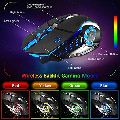 Wireless Membrane Gaming Keyboard and Mouse with Rainbow LED Backlit-Purple | Rechargeable 4800mAh Battery,Metal Panel,Ergonomic,Waterproof,Dustproof,7 Color Mute 2400 DPI Mice for Computer PC Mac Gamer - color: Purple Mixed