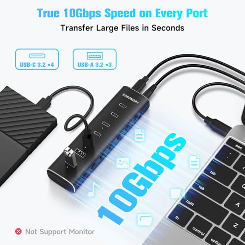 7 Ports Powered USB 3.2/USB C Hub 10Gbps with 4 USB-C 3.2, 3 USB-A 3.2 Ports, 3.3ft Cable and 36W(12V/3A) Power Adapter, Aluminum USB Splitter for Laptop, RSH-H7C4 - size: 7-Port Powered USB Hub