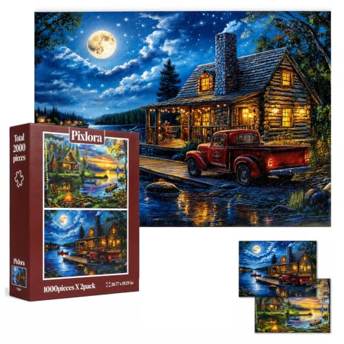 Puzzles for Adults 1000 Pieces, 2 Pack Unique 1000 Piece Lake and Night View Jigsaw Puzzles, Premium Scenic Landscape Puzzles & Nature Theme for Challenging Game Night - style: Lake&Night