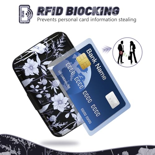 Credit Card Holder, Mini RFID Small Aluminum Card Wallet Business Card Case | Blocking Slim Metal RFID Blocking Front Pocket Wallet Hard Case Durable CC Holder for Women Girls, Black White Floral - color: Black White Floral