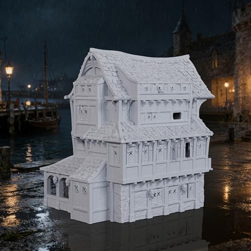 AUSPDICE DND Terrain 25mm 도색되지 않은 도크 빌딩, 석재 및 목공 풍경 | 1:64 스케일 멀티 레벨 하버 하우스, 던전 앤 드래곤 TTRPG 및 판타지 워게임용 디테일한 지붕 타일 포함 - AF1154E - color: Af1154e Dock Buildings E