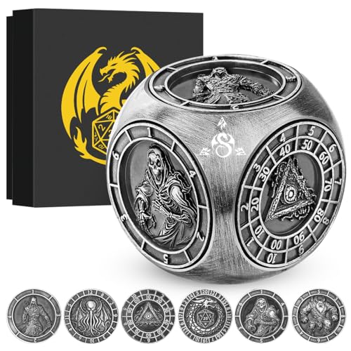 DND Fingertip Dice Spinner, Polyhedral Rotating Game Dice, Metal Dice Set with 3D Pattern, for DND Gifts with Dragon Logo Gift Box, Role Playing Board Game Accessories, Silver - color: Silver