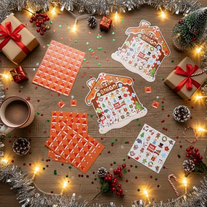Blosssound Christmas Gingerbread Bingo Game – 24 Players Holiday Bingo Cards with Gingerbread House Theme, Winter Party Game for Family Classroom Activities Christmas Party Favors - style: Gingerbread