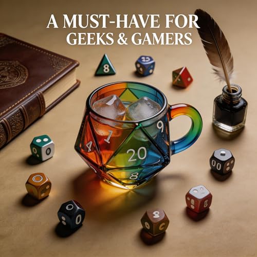 D20 Dice Glass Mug – Hand-Painted 3D Fantasy RPG Tankard, Collectible Clear Drinkware, Unique Gift for DND Players & Tabletop Gamers - color: D20 Dice Glass Mug