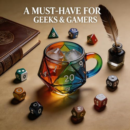 D20 Dice Glass Mug – Hand-Painted 3D Fantasy RPG Tankard, Collectible Clear Drinkware, Unique Gift for DND Players & Tabletop Gamers - color: D20 Dice Glass Mug