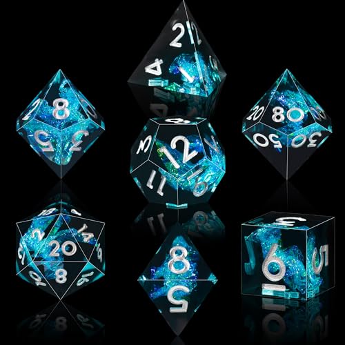 AUSTOR 7-Die DND Dice Set Handmade Sharp Edge Polyhedral Dice for Dungeons and Dragons D&D RPG MTG Table Games（Black&Blue,Silver） - color: Black&blue,silver