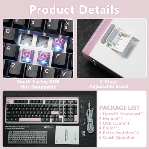 Aula Hero 99 Wired Gaming Keyboard, Hall Effect Switch with Rapid Trigger | Magnetic Switch Keyboard with Number Pad, 101Keys Hot Swap,Web Driver RGB Backlit Mechanical Keyboard for Office PC Gamer - color: Black Pink