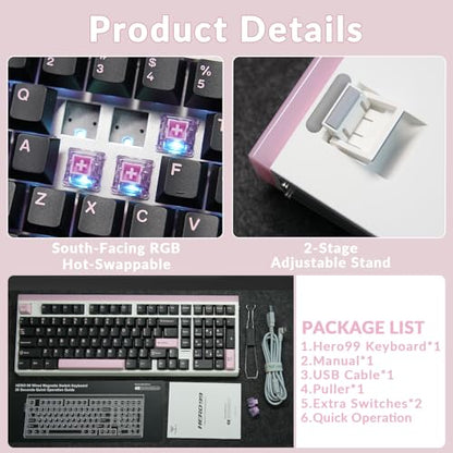 Aula Hero 99 Wired Gaming Keyboard, Hall Effect Switch with Rapid Trigger | Magnetic Switch Keyboard with Number Pad, 101Keys Hot Swap,Web Driver RGB Backlit Mechanical Keyboard for Office PC Gamer - color: Black Pink