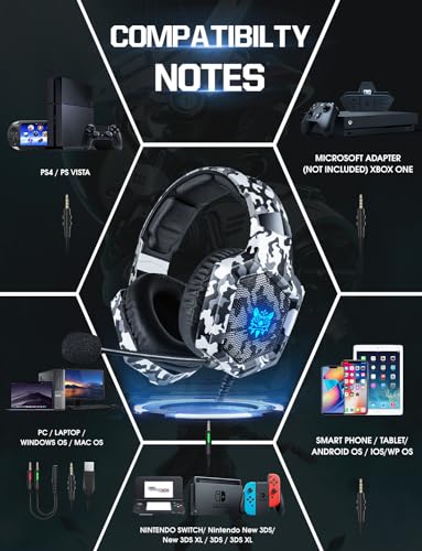 Nanddi Gaming Headset with Microphone, Gaming Headphones for PS4 PS5 Xbox One PC with LED Lights, PlayStation Headset with Noise Reduction 7.1 Surround Sound Over-Ear and Wired 3.5mm Jack (White) - color: Camo White