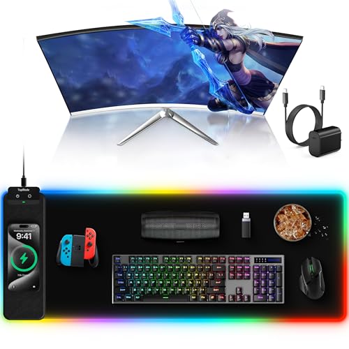 TopMade Mouse Pad with Wireless Charging, 31.5" x 11.81" Large Desk Mat RGB Gaming Mousepad, LED Desk Pad Keyboard Pad, Waterproof Desk Pad (Includes 20W PD Power Adapter & 6.56ft Woven Cable) - color: RGB Black-31.5"x11.8"-with Adapter