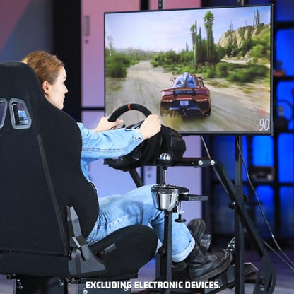 Marada Racing Cockpit with Black Seat TV Stand Fit for Logitech G923 G920 | Racing Wheel Stand Height Adjustable, with for Thrustmaster T500 T3PA TGT, for Fantec, Wheel and Pedals Not Included