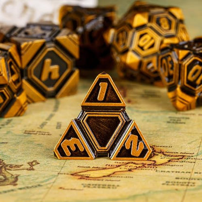 Metal UFO Dice Set, 7 Die Metal Polyhedral Dice Set for DND Dungeons and Dragons Role Playing Games,with Skull Bag.(Ancient Gold) - color: Ancient Gold
