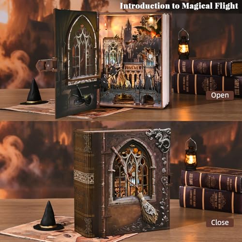 MiniCity Book Nook Kit, DIY Miniature House Kit for Adults, Teens and Beginners, Dollhouse Booknook Library Tiny House Bookshelf Decor (Introduction to Magical Flight) | Open the book-style case to reveal a flight academy; 154-piece LED model includes dus