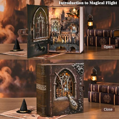 MiniCity Book Nook Kit, DIY Miniature House Kit for Adults, Teens and Beginners, Dollhouse Booknook Library Tiny House Bookshelf Decor (Introduction to Magical Flight) | Open the book-style case to reveal a flight academy; 154-piece LED model includes dus