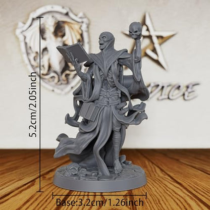 AUSPDICE Unpainted Lich Mini, DND Miniatures for Tabletop RPG-AS217 | Undead Spellcaster with Open Spellbook, Skull Relic and Flowing Robes for Fantasy Gaming, Dungeon Masters and RPG Accessories