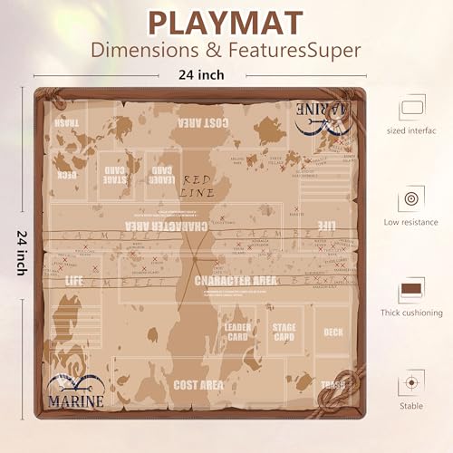 2-Player TCG Playmat with Zones Compatible with One Piece Card Game, Bonus Power Counter Dice & Storage Bag Included 24x24 Inches, Non-Slip Rubber Trading Card Game Mat (Map) - color: Map