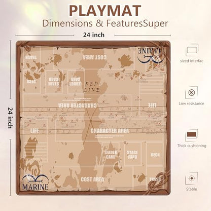 2-Player TCG Playmat with Zones Compatible with One Piece Card Game, Bonus Power Counter Dice & Storage Bag Included 24x24 Inches, Non-Slip Rubber Trading Card Game Mat (Map) - color: Map