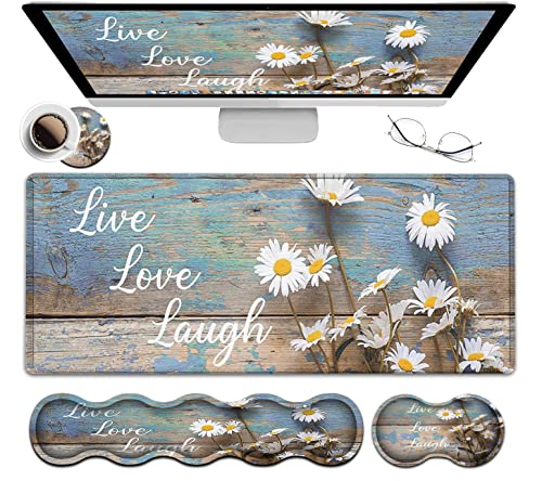 Mouse Pad Set, Large Gaming Mouse Pad + Keyboard Wrist Rest Support + Mouse Wrist Rest Non-Slip Rubber Base, 31.5 x 11.8 in Extended Desk Mat for Office, Desktop Decoration White Daisy Flowers - color: JV-mouse pad-8-7