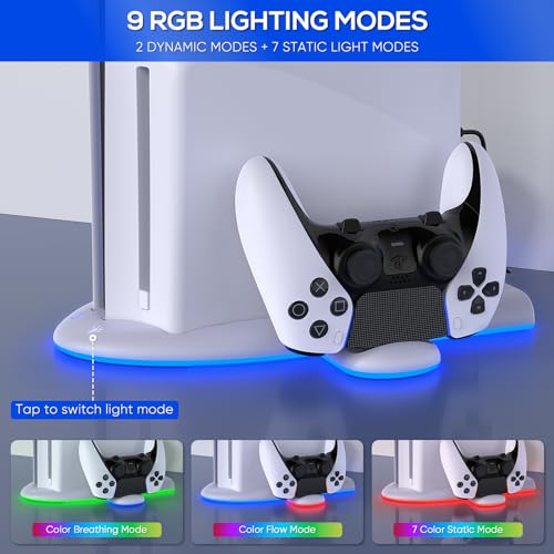 FASTSNAIL Charging Stand with Cooling Fan Only for PS5 Slim Console | Fast Controller Charger Station for DualSense/Edge, 9 RGB Light, Quiet Cooling System Accessories for PS5 Slim Digital/Disc