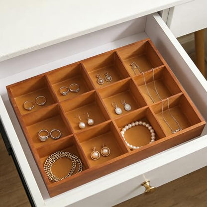 FUNSUEI 3 PCS Multi Compartment Wooden Tray, Grid Display Wood Serving Tray with 12 Sections, Wood Drawer Organizer Divided Snack Storage Box for Jewelry, Card Sorting, 13x10x2 Inch, Brown - size: 3 PCS 12 Sections