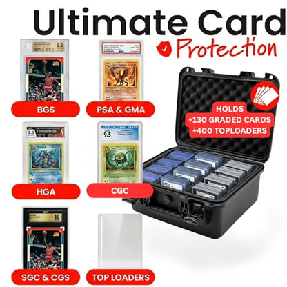 Graded Card Storage Box, IP67 Waterproof Hard Slab Case Holds 130+ PSA BGS SGC Graded Cards & 400+ Top Loaders, Baseball Sports Trading Card Carrying Case with Dividers for Collectors - size: MEDIUM