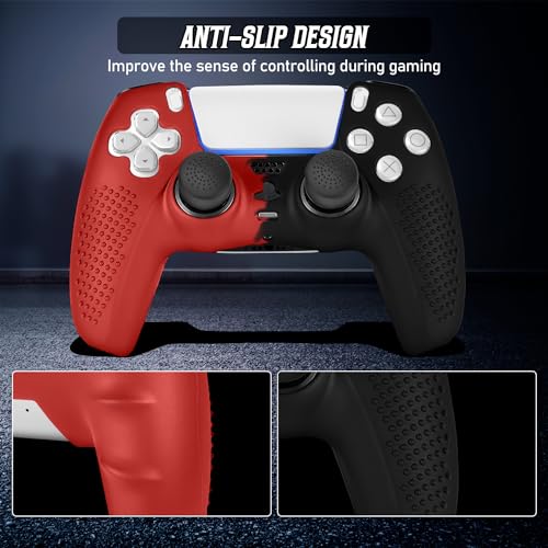 PS5 Controller Skin, Anti-Slip Soft Silicone Protective Cover Case for PlayStation 5 Controller Grip Accessories, 2 Pack with 8 x Thumb Grip Caps (Black&Red) - color: Black&Red