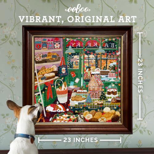 eeBoo Holiday Bakery 1000 Piece Square Jigsaw Puzzle, 23" x 23" | Double coated, sturdy & dust free pieces with a satisfying snap. Includes full color reference insert. Vibrant, original art - style: Holiday Bakery