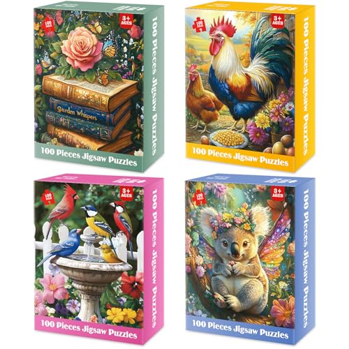 4 Packs 100 Piece Jigsaw Puzzles for Adults - Vintage Puzzles – Large Pieces Puzzle for Seniors Easy Beginner Kids Puzzle 8-10 Gifts for Girls Boys – 11" x 15" Each - style: Books Rooster Hen Birds