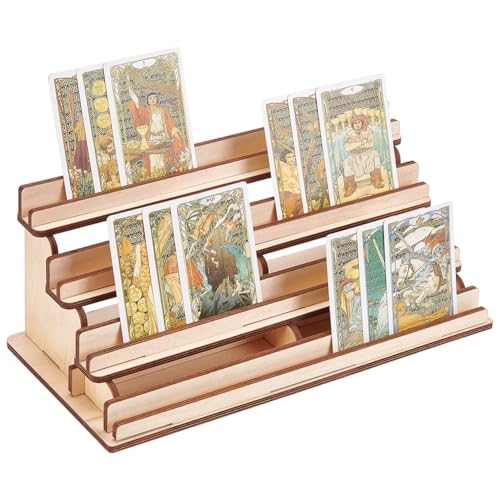 UNICRAFTALE 4-Tier Wooden Board Game Card Holder Wheat Cards Display Riser Solid Wood Card Playing Holder Stand for Bridge Canasta Strategy Games Tabletop Organizer 5.5x11x4.5 Inch - color: Wheat