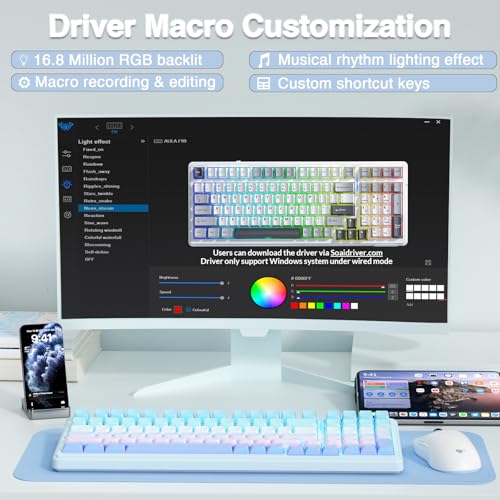 AULA F99 Wireless Mechanical Keyboard,Triple-Mode(BT5.0/2.4GHz/USB-C),Gasket Mounted Creamy Keyboard with Linear Switches, Side Printed PBT Keycaps,RGB Backlit PC Gaming Keyboards for Win/Mac - color: Blue Purple