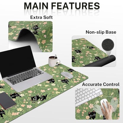 Arttown Cute Black Cat Desk Mat Pink Flower Green Leaves Mouse Pad Set 4 in 1 Ergonomic Design Large Desk Pad + Keyboard Wrist Rest + Mouse Wrist Rest + Coaster Suitable for Home Office Study Game - color: Black Cats