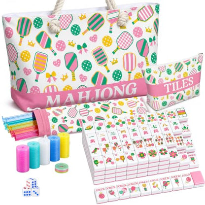 Ceenna American Mahjong Set Complete 160 Pcs Tile/Pushers/Carrying Bag/dice/Chips, 1.2 Inch Green Back Melamine Mahjong Tiles, Hand Carved Pattern for Adult Mah Jong, Beginners (Simple) - style: Minimalist