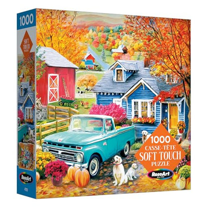 RoseArt - Soft Touch - Autumn Hill Cottage - 1000 Piece Jigsaw Puzzle, Autumn Country Scene Puzzle for Adults - Made in USA - style: Autumn Hill Cottage