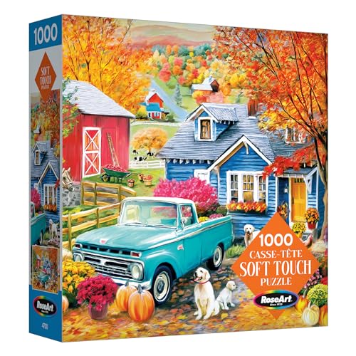 RoseArt - Soft Touch - Autumn Hill Cottage - 1000 Piece Jigsaw Puzzle, Autumn Country Scene Puzzle for Adults - Made in USA - style: Autumn Hill Cottage