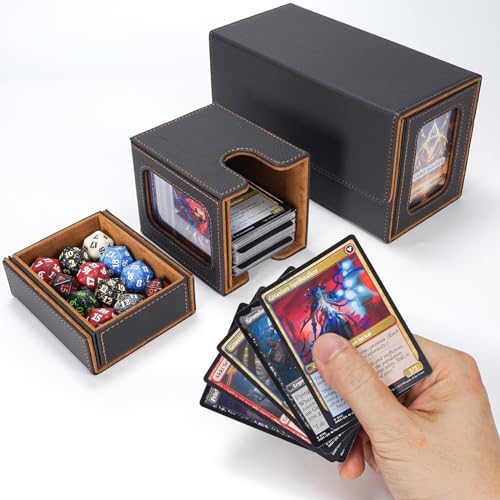 AFIING MTG Commander Deck Box 200 Double Sleeved Cards Storage, 3-in-1 Magnetic Card Case Organizer for Magic: The Gathering TCG CCG, 4 Dividers & 2 Toploaders (Black/Gold) - color: Black Gold