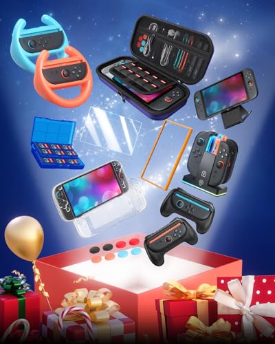 Switch 2 Accessories, Case Bundle with Charger, Grip & Wheel for Nintendo 2 | FYOUNG [Charge Inside] Travel Hard Case, Charging Dock, Ergonomic Grip&Steering Wheel for Mario Kart,Tempered Glass -Blue - color: Blue