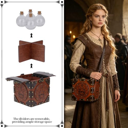HiiFeuer Medieval Alchemist Crossbody Bag, Embossed Leather Riveted Potion Box with Bottles, Wizard Storage Box for Ren Faire(Brown A) - color: Brown A